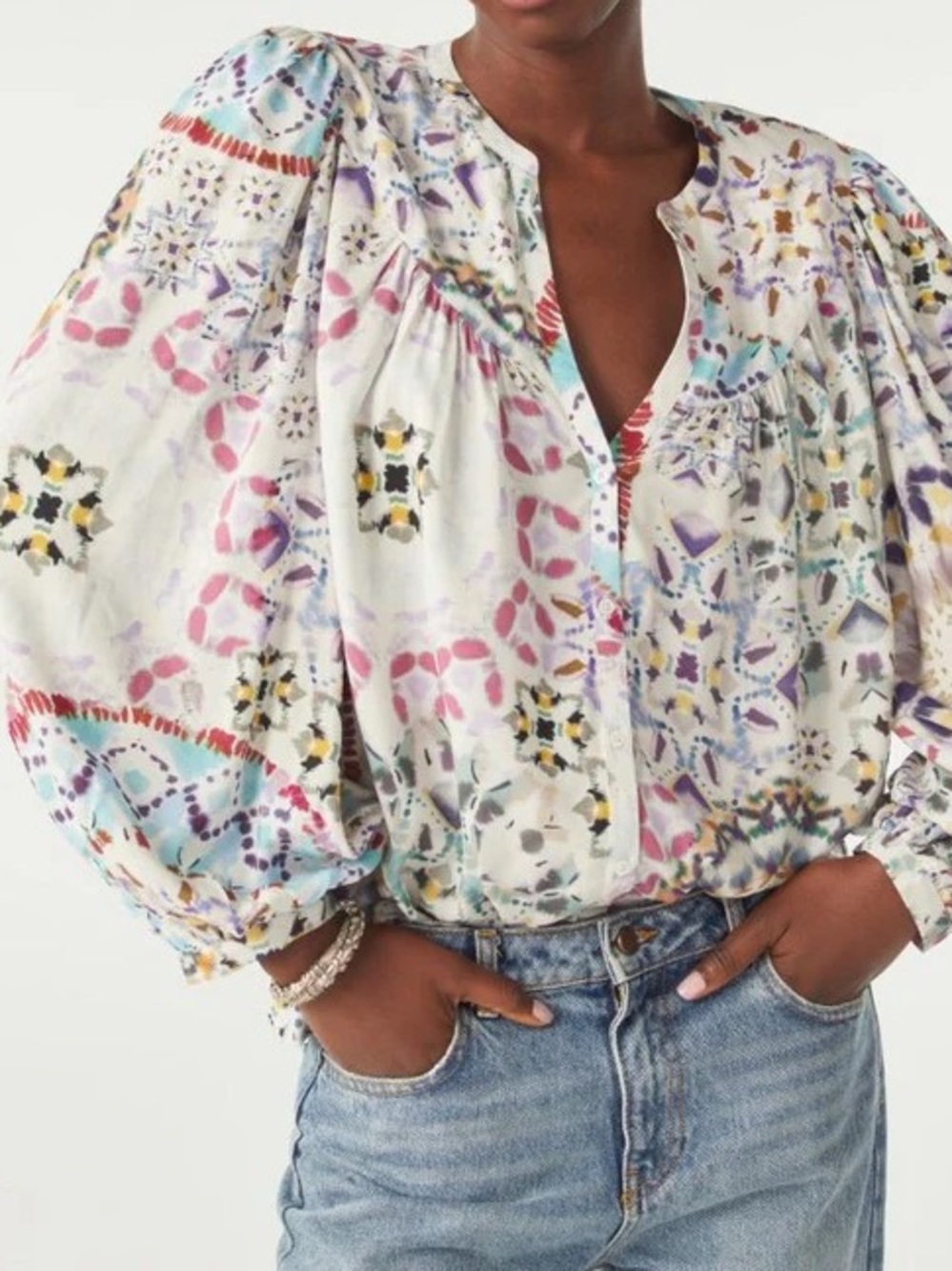 ba&sh Boho Luigi Top Multicolor Medallion Print V-Neck Button Down Blouse
